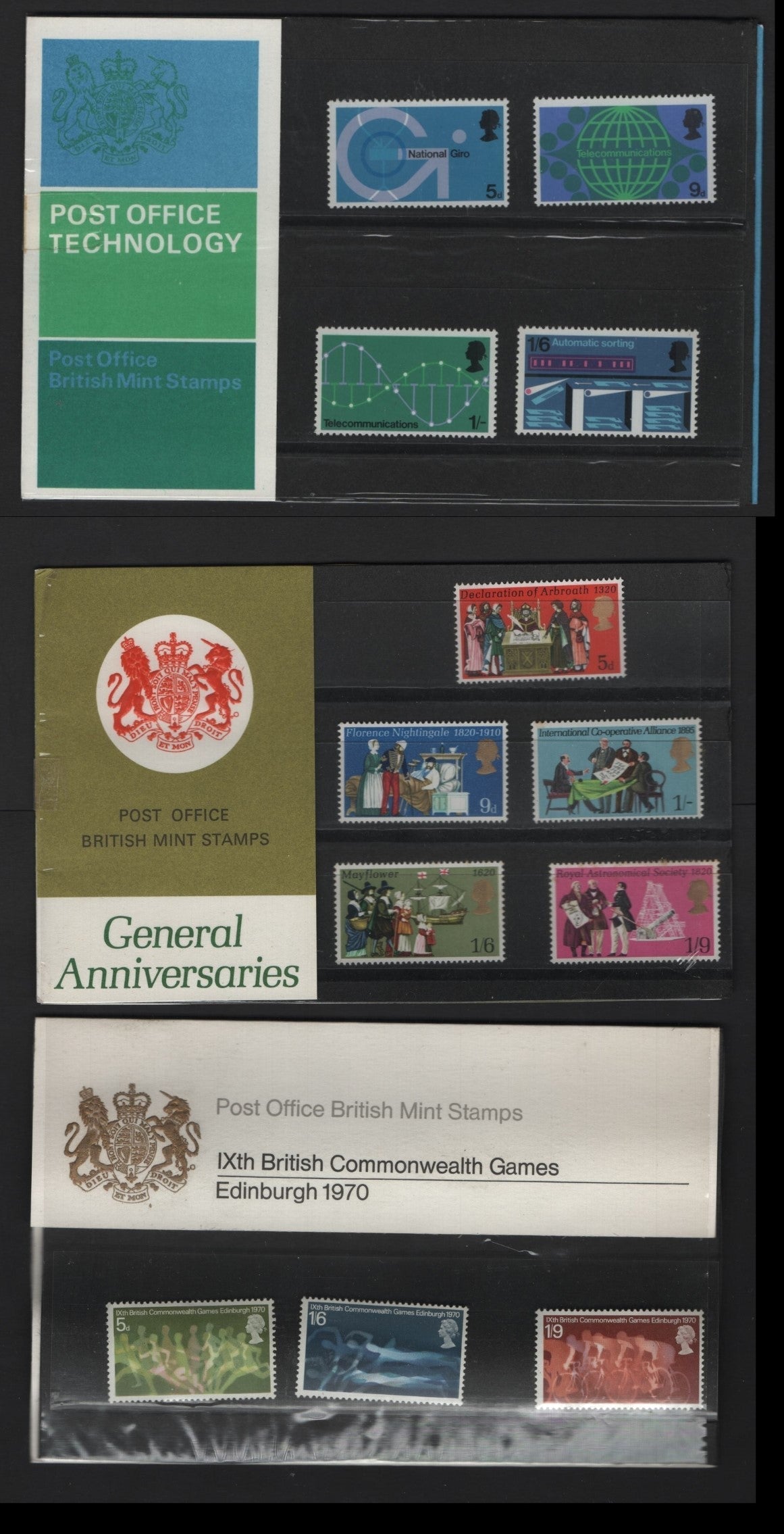 Lot 34 Great Britain (C) SG#13, 16, 19 , 1969-1970 Presentation Packs, A VFNH Collection, General Anniversaries, 9th British Commonwealth Games & Post Office Technology
