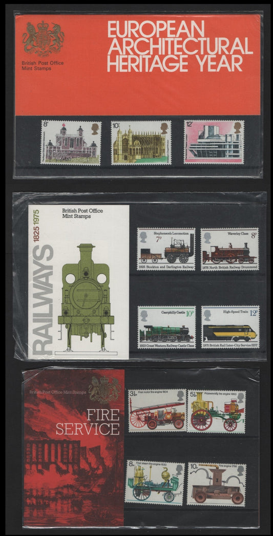 Lot 228 Great Britain (C)  1974-1975 Presentation Packs, A VFNH Collection, Fire Prevention, European Architectural Heritage Year & Public Railway Issues