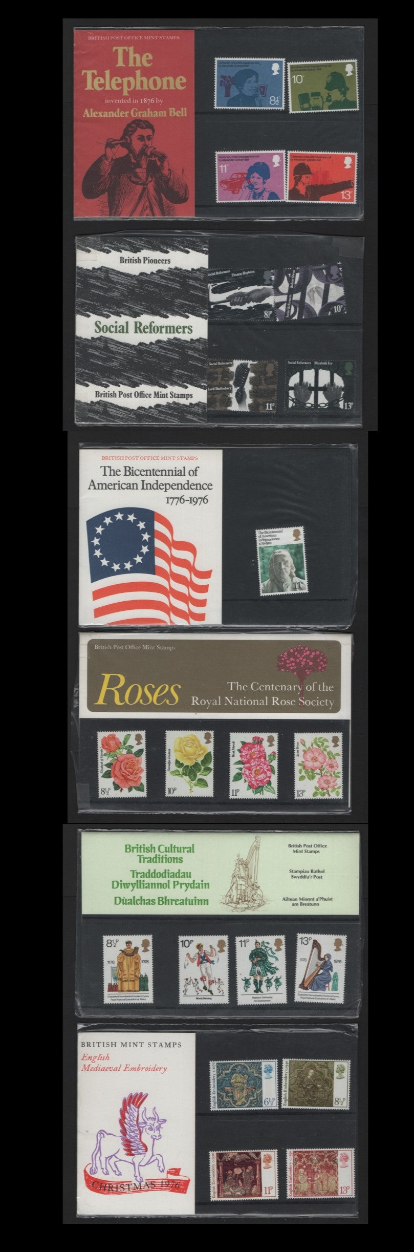 Lot 230 Great Britain (C) SG#78-82, 87, 1976 Presentation Packs, A VFNH Collection, Telephone Centenary, Social Reformers vs Bicentennial, National Rose Society, British Cultural Traditions & Christmas Issues