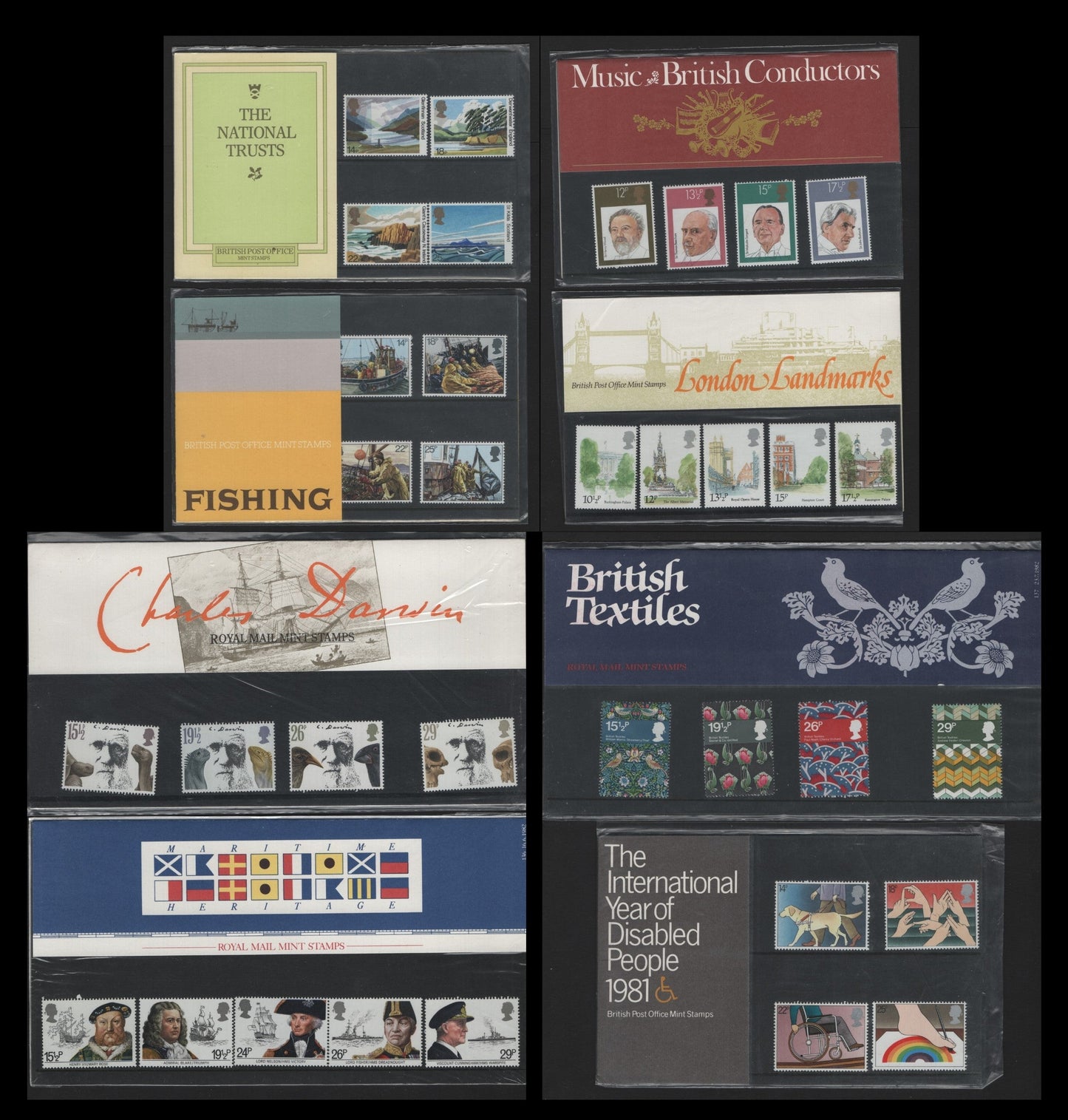 Lot 234 Great Britain (C) SG#118, 120, 125, 127, 132, 136-137, 1980-1982 Presentation Packs, A VFNH Collection, London Landmarks - British Textiles Issues