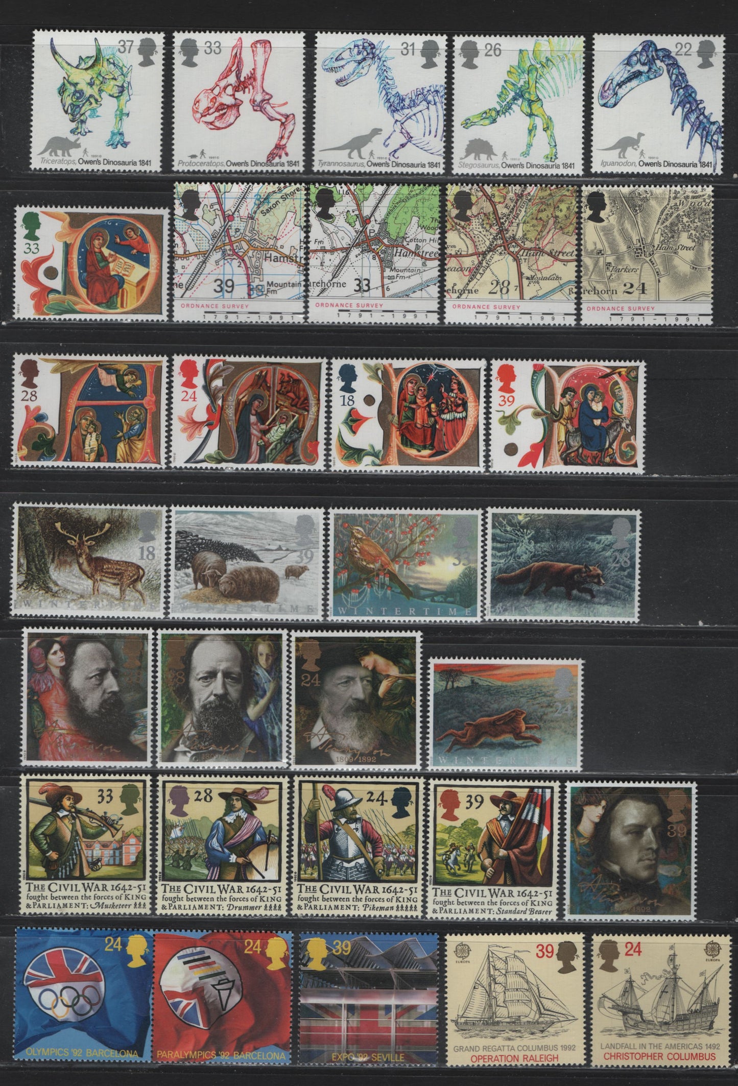 Lot 238 Great Britain (C) SG#1573-1591, 1607-1610, 1615-1623 22p - 39p Multicolored, 1991-1992 150th Anniv of Dinosaur Identification - Civil War Issues, 31 VFNH Singles