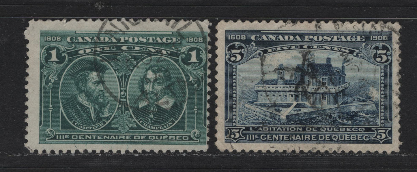 Lot 240 Canada #97, 99 1c - 5c Bluish Green - Dark Blue, 1908 Quebec Tercentenary Issue, 2 Very Good/Fine used Singles, ABN-A & ABN-B Papers, Thin On 5c & Light Corner Crease