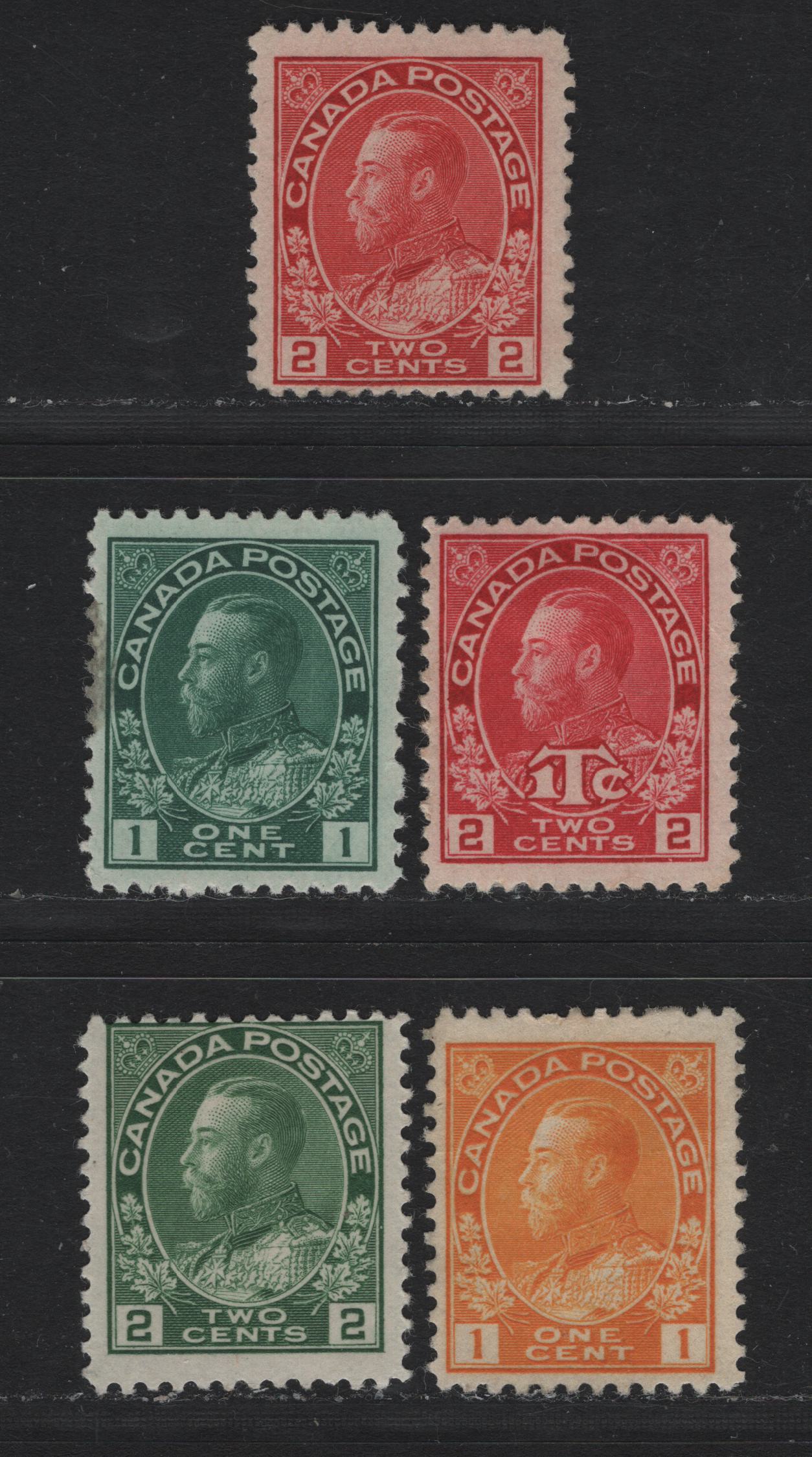 Lot 241 Canada #104b, 105, 107w, 106c, MR3b 1c - 2c+1c Blue Green - Rosine , 1911-1925 KGV Admiral Issue, 5 FOG & Unused Singles, 2c Yellow Green Dry Printing, Rosine Die 1, Unchecked As To Specific Types.