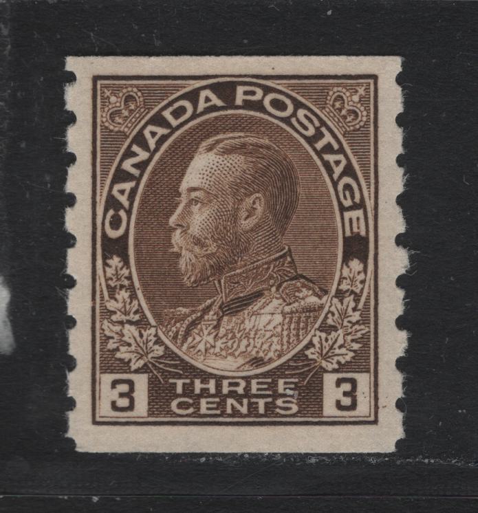 Lot 243 Canada #129 3c Dark Brown , 1912-1924 KGV Admiral Coil Issue, A VFNH Single, ABN-E Paper, Perf 8 Vertical Coil