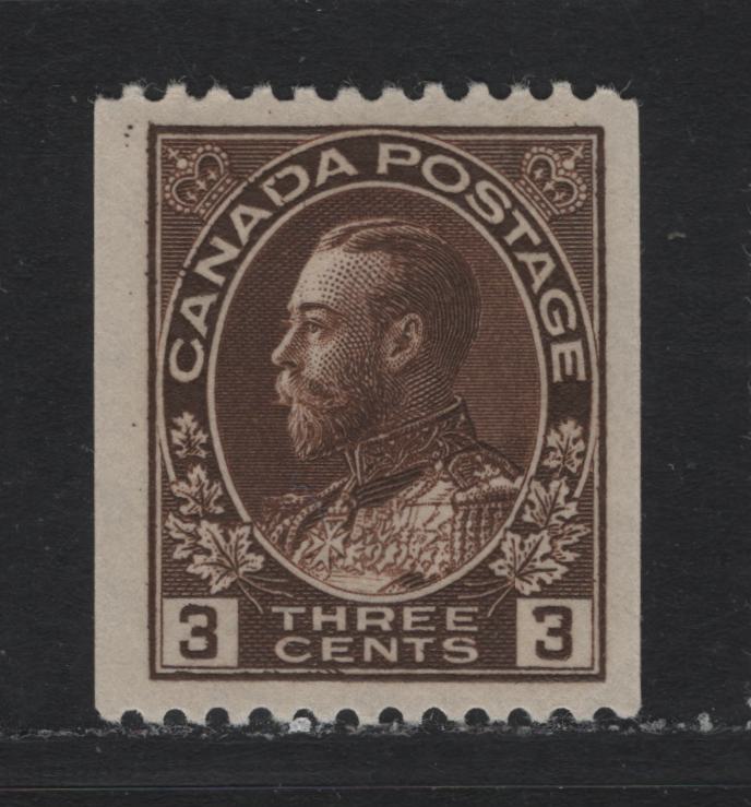 Lot 244 Canada #134 3c Brown , 1912-1924 KGV Admiral Coil Issue, A VFOG Single, ABN-E Paper, Perf 12 Horizontal Coil