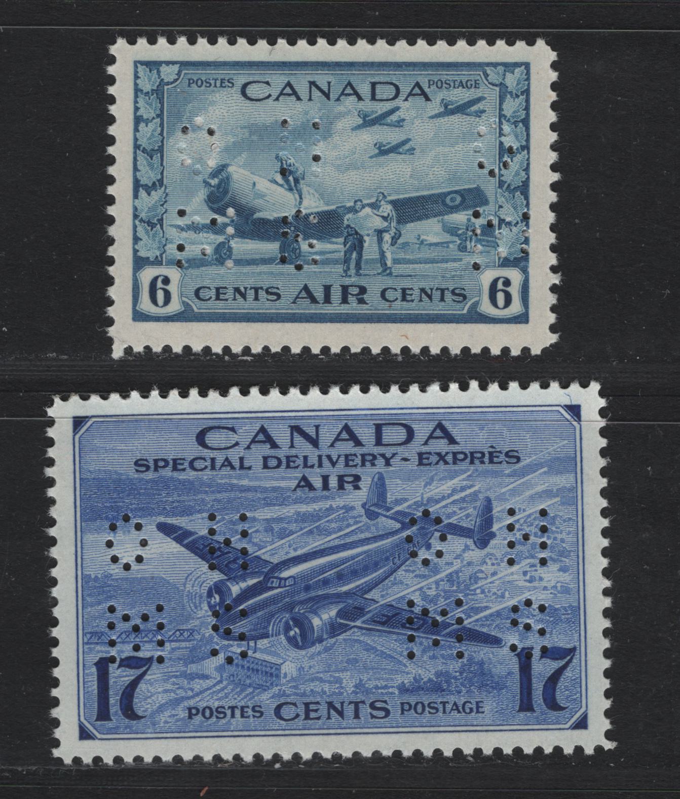 Lot 247 Canada #O9-C7, O9-CE2 6c - 17c Blue - Deep Bright Ultramarine , 1942-1943 War Issue Airmail - Special Delivery Airmail Issues, A VFNH/OG Single, 4-Hole OHMS Perfin, Pos. 1, Unchecked To Specific Gum Type, Original Die To The Perfin.