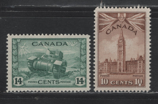 Lot 248 Canada #257, 259 10c - 14c Light Reddish Chocolate - Dull Green , 1942-1943 KGVI War Issue, 2 VFNH Singles, Distinct Papers