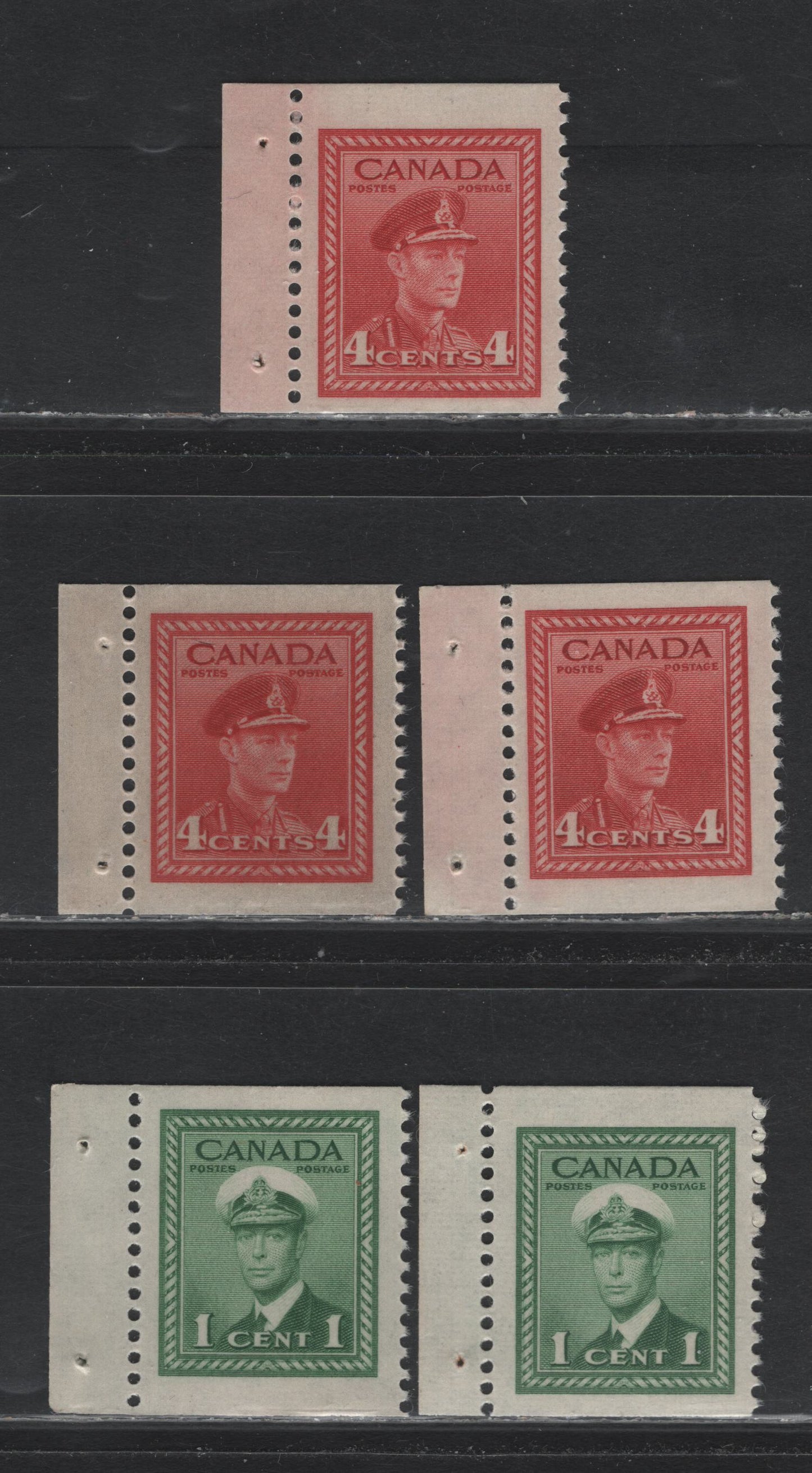 Lot 251 Canada #249cs, 254bs 1c - 4c Green - Carmine Red , 1942-1943 KGVI War Issue, 5 VFNH Booklet Singles, Chewing Gum Booklet Singles From The Tab End Of The Booklet, All On Different Paper/Gum Types, Unchecked As to Specifics.