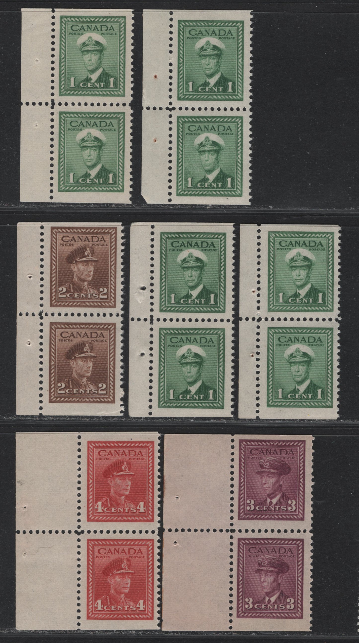 Lot 253 Canada #249as, 250as, 252as, 254as 1c - 4c Green - Carmine Red , 1942-1943 KGVI War Issue, 7 VFNH Booklet Pairs, Booklet Pairs From The Tab End Of The Booklets, All On Different Paper/Gum Types Or With Slightly Different Shades
