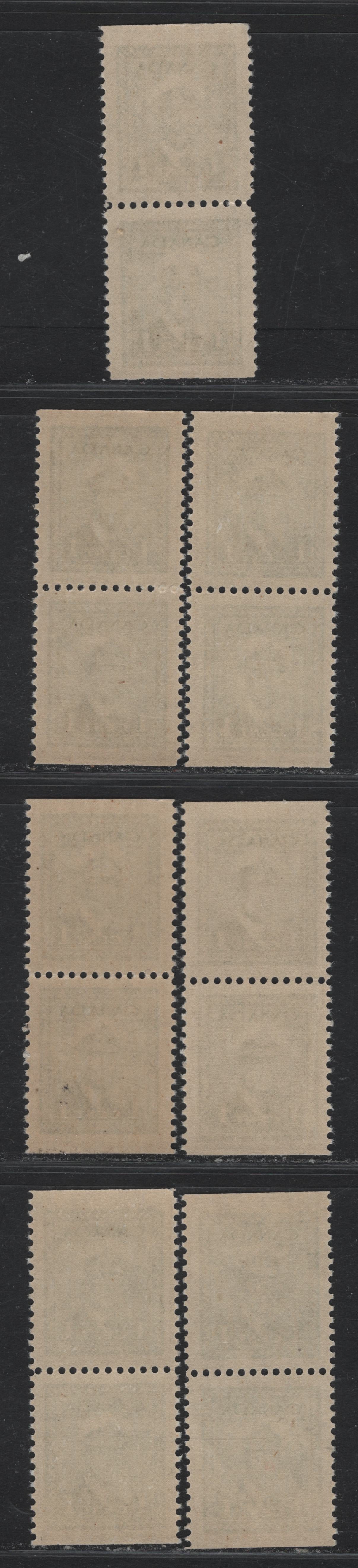 Lot 254 Canada #249as 1c - 4c Green , 1942-1943 KGVI War Issue, 7 VFNH Booklet Pairs, Pairs From The Middle Of Bookle Panes Of 6, All On Different Paper/Gum Types Or Printed In Slightly Different Shades