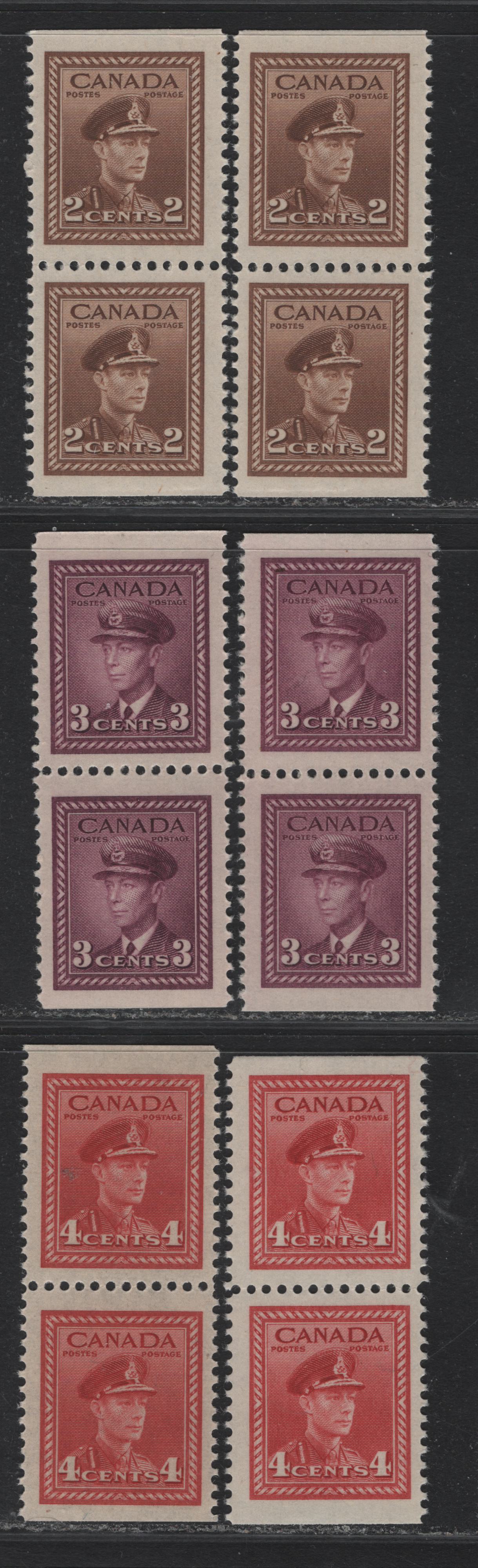 Lot 255 Canada #250as, 252as, 254as 2c - 4c Brown - Carmine Red , 1942-1943 KGVI War Issue, 6 VFNH Booklet Pairs, Booklet Pairs From The Middle Of The Booklet Pairs, All Printed In Slightly Different Shades Or On Different Paper/Gums