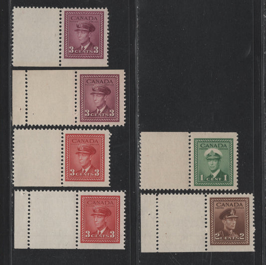 Lot 256 Canada #250as, 249as, 251as, 252as 1c - 3c Green - Rose Purple , 1942-1943 KGVI War Issue, 6 VFNH Stamp-Label Pairs, From Booklet Paes Of 4+2 Labels, Each Printed In A Slightly Different Shade Or Paper/Gum Type
