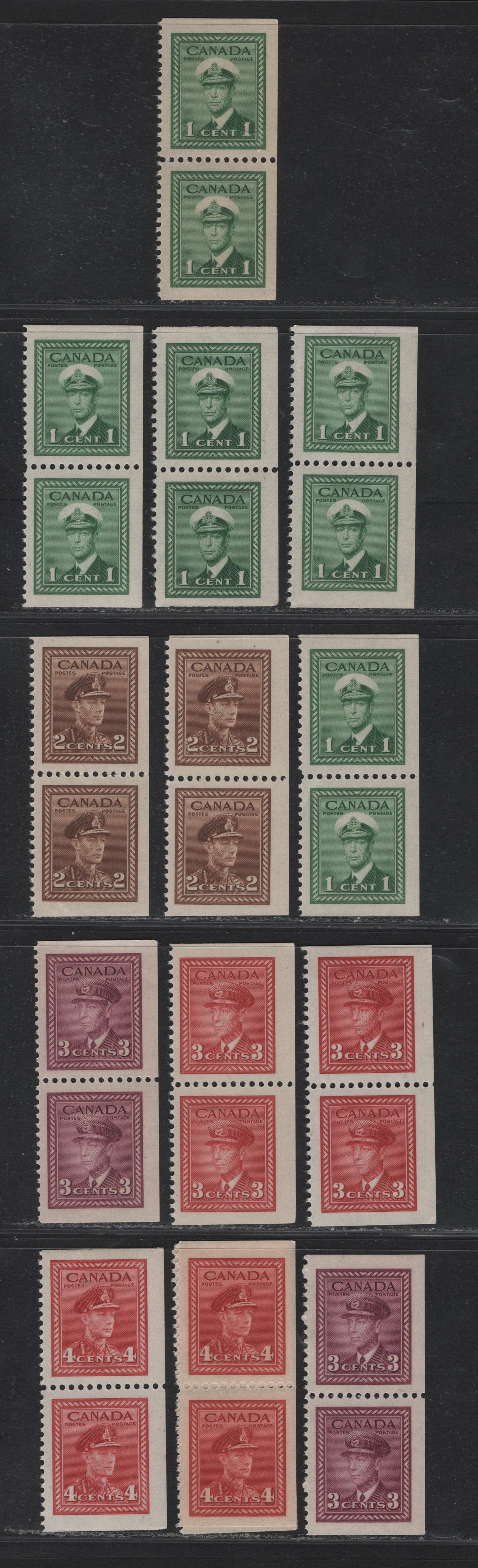 Lot 257 Canada #249as, 250as, 251as, 252as, 254as 1c - 4c Green - Carmine Red , 1942-1943 KGVI War Issue, 13 VFNH Booklet End Pairs, From The Right Side Of The Panes, All On Either Different Paper/Gum Types Or Shades