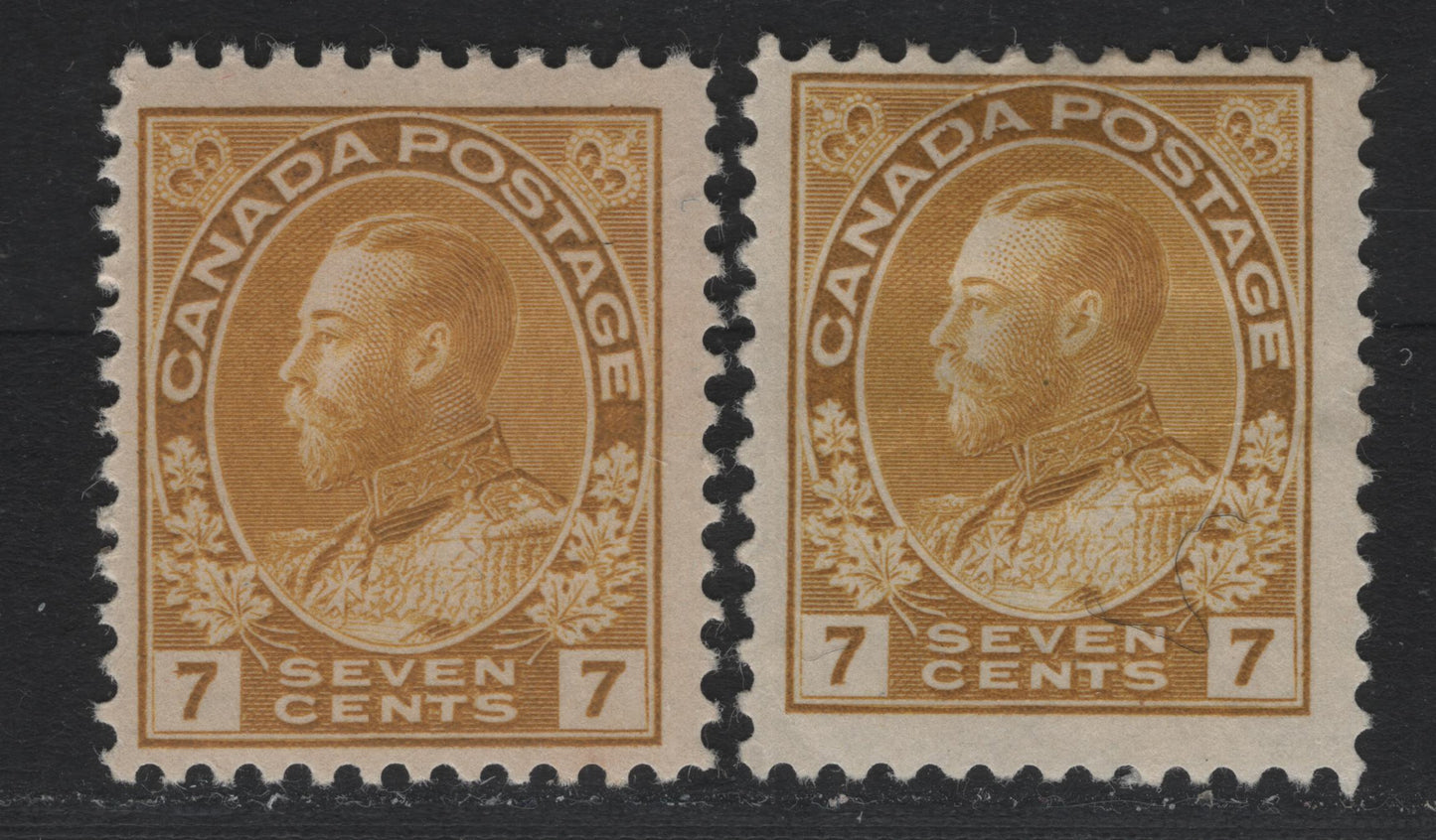 Lot 26 Canada #113 7c Yellow Ochre , 1911-1925 KGV Admiral Issue, A FOG Single, 2 Very Slightly Different Shades, ABN-E Paper, Normal Framelines, Perfs 11.8x11.75 & 11.9x12.