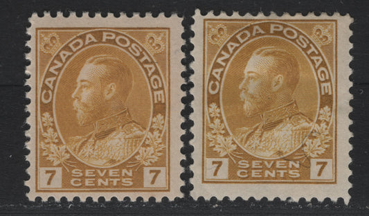 Lot 26 Canada #113 7c Yellow Ochre , 1911-1925 KGV Admiral Issue, A FOG Single, 2 Very Slightly Different Shades, ABN-E Paper, Normal Framelines, Perfs 11.8x11.75 & 11.9x12.