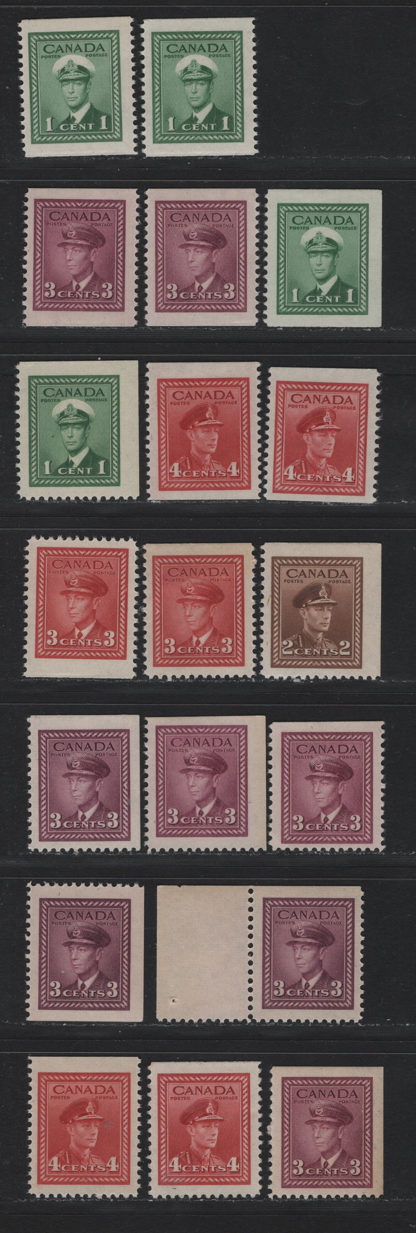 Lot 263 Canada #249as,cs, 250as, 251as, 252as,bs, 254as,bs 1c - 4c Green - Carmine Red , 1942-1943 KGVI War Issue, 19 VFOG Booklet Singles