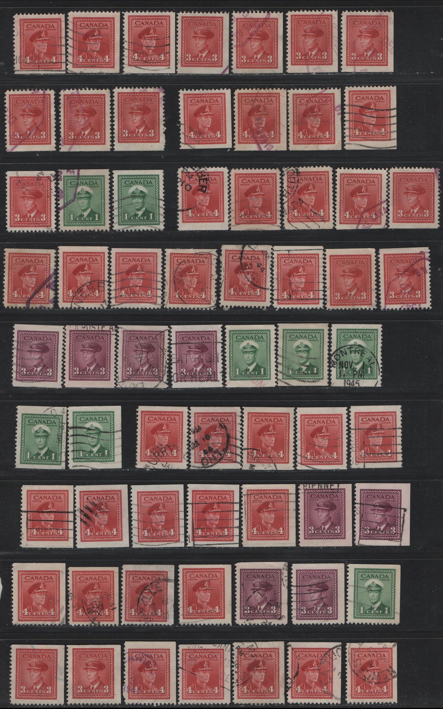 Lot 265 Canada #249as,cs, 251as, 252as,bs, 254as,bs 1c - 4c Green - Carmine Red , 1942-1943 KGVI War Issue, 65 Very Fine Used Booklet Singles, Used Singles From Various Booklet Locations, All Are Different With Respect To Shade, Or Paper/Type