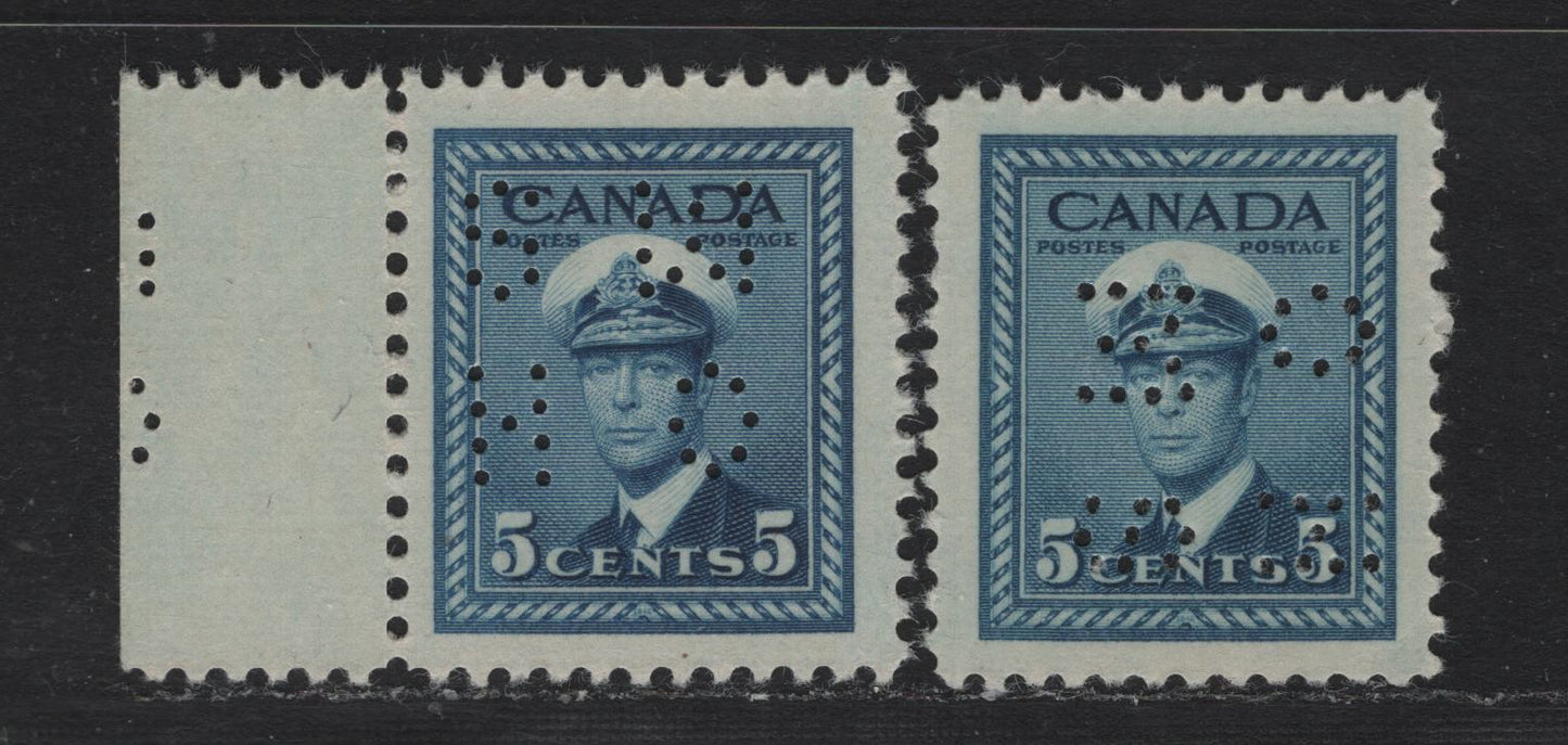 Lot 267 Canada #O10-255 5c Deep Blue , 1942-1943 KGVI War Issue, 2 VFNH Singles, 4-Hole OHMS Perfin, Not Identified With Respect To Paper/Gum Type, Original Die.