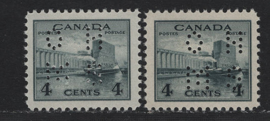 Lot 268 Canada #O9-253 4c Slate & Bluish , 1942-1943 KGVI War Issue, 2 VFNH Singles, 4 Hole OHMS Perfin, Pos. 1, Soft Vertical Wove With Creamy Semi Glossy Gum.