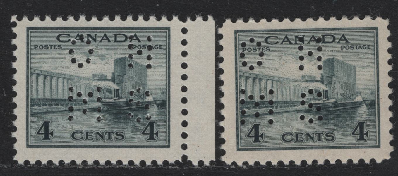 Lot 269 Canada #O9-253 4c Slate & Bluish Slate , 1942-1943 KGVI War Issue, 2 VFNH Singles, 4 Hole OHMS Perfin, Pos. 1, Vertical Wove Paper With Clear Mesh & Cream Gum.