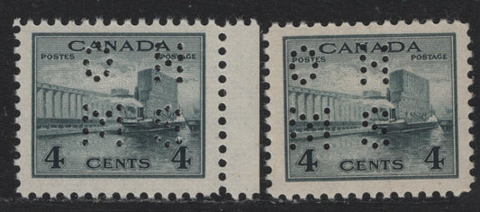 Lot 269 Canada #O9-253 4c Slate & Bluish Slate , 1942-1943 KGVI War Issue, 2 VFNH Singles, 4 Hole OHMS Perfin, Pos. 1, Vertical Wove Paper With Clear Mesh & Cream Gum.