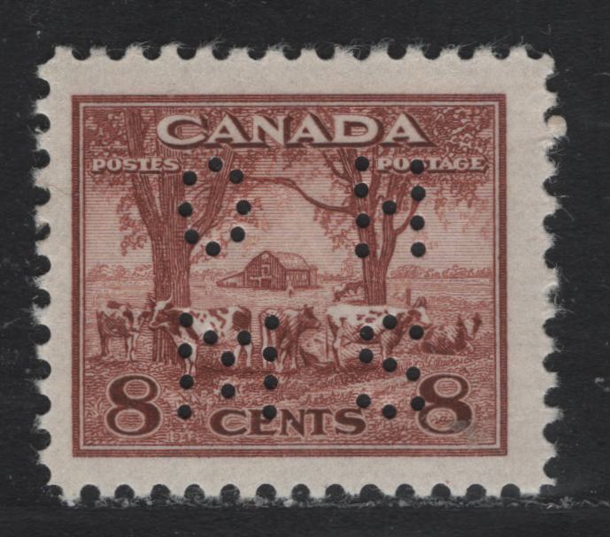 Lot 270 Canada SC#O9-256 8c Red Brown Farm Scene, 1942-1949 War Effort Issue, A Fine NH Single 4-Hole OHMS Perfin From Position 1