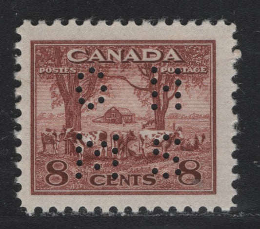 Lot 270 Canada SC#O9-256 8c Red Brown Farm Scene, 1942-1949 War Effort Issue, A Fine NH Single 4-Hole OHMS Perfin From Position 1