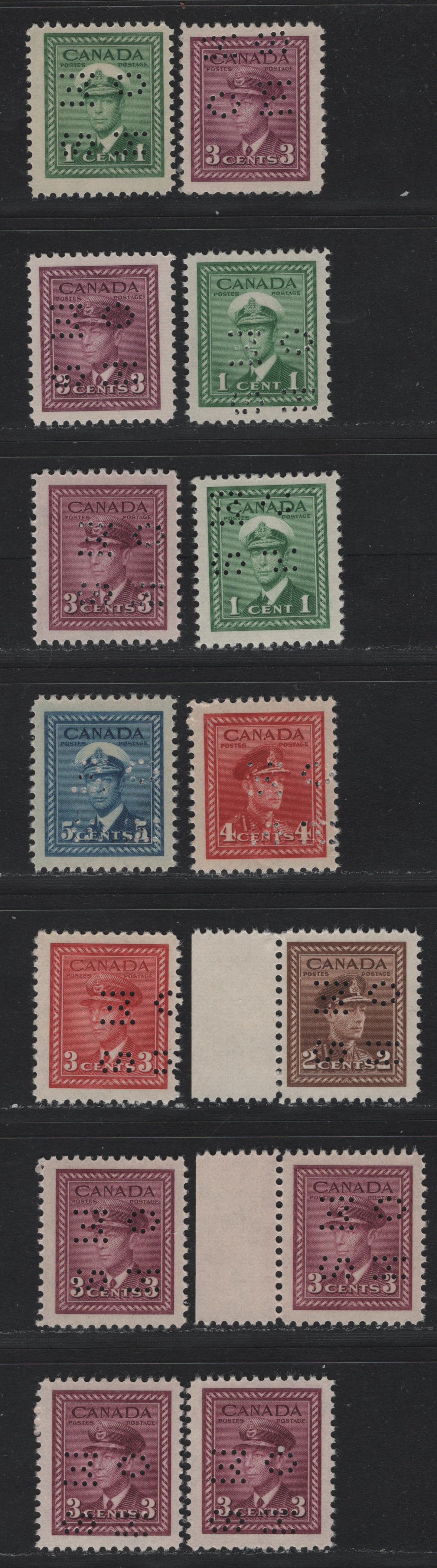 Lot 271 Canada SC#O9-249/O9-255, O10-249 1c-5c Green-Blue King George VI, 1942-1949 War Effort Issue, 13 Fine & VFNH Singles 4-Hole OHMS Perfins From Position 4, Original & Revised (1c, 3c) Dies