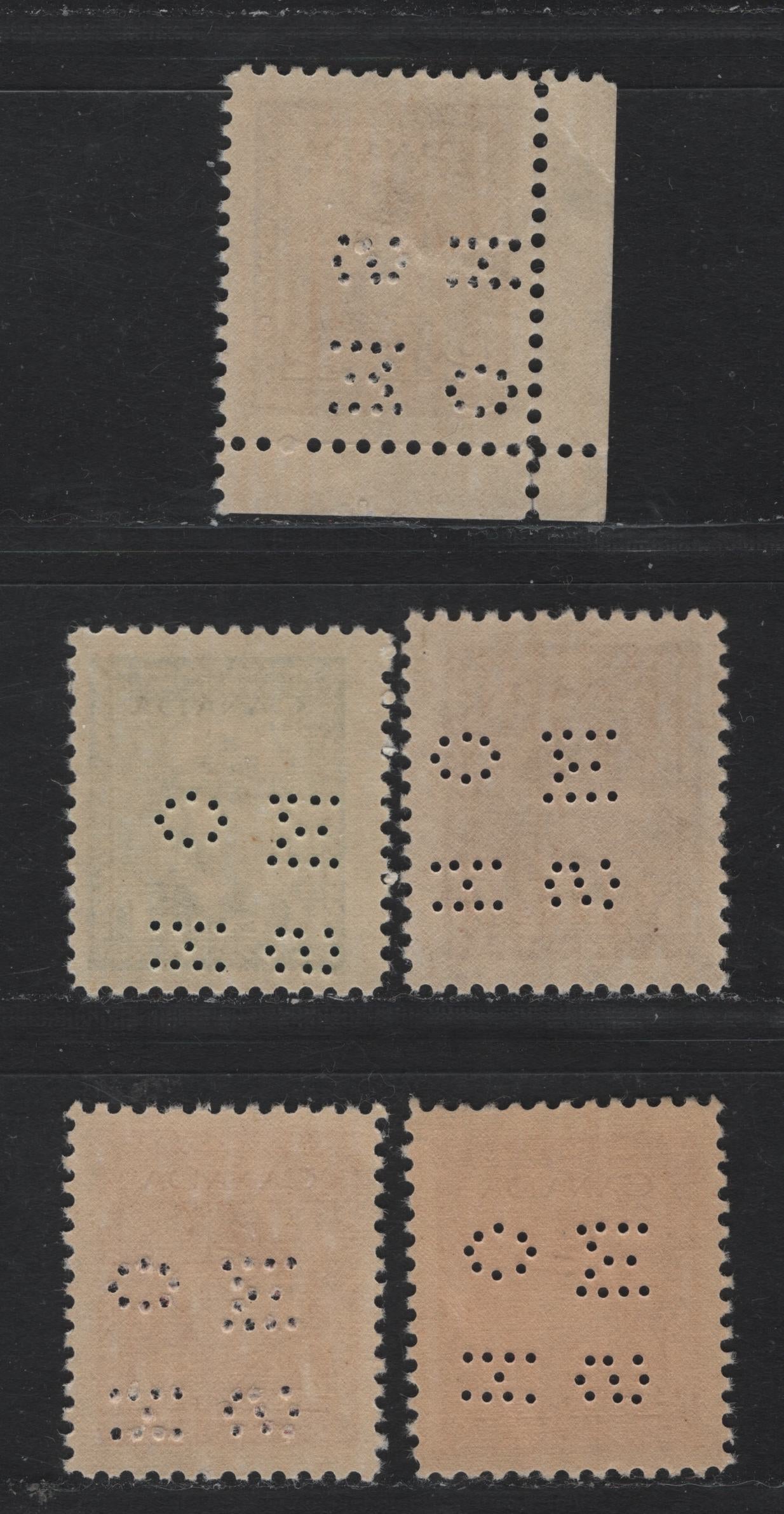 Lot 272 Canada SC#O9-250, O9-253, O9-254, O10-249 1c-4c Green-Carmine Red King George VI, 1942-1949 War Effort Issue, 5 Fine & VFNH Singles 4-Hole OHMS Perfins From Positions 2 & 4, Original & Revised (1c) Dies, Different Shades on the 4c