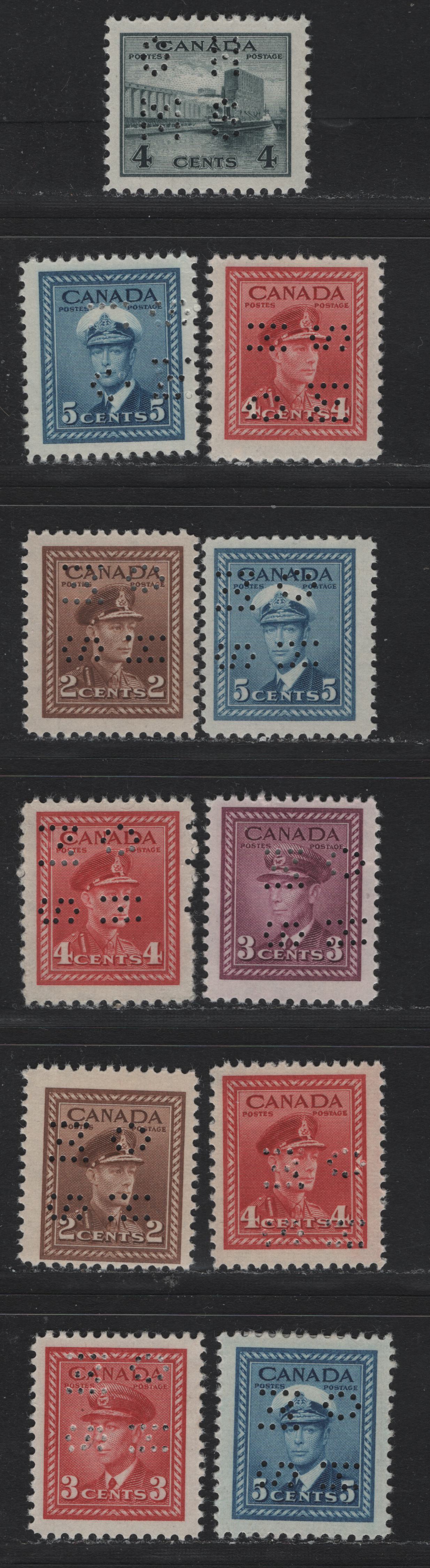 Lot 273 Canada SC#O9-250/O10-255 2c-5c, 1942-1949 War Effort Issue, 11 Fine & VFOG Singles 4-Hole OHMS Perfins From Positions 1,2 & 4, Original & Revised (2c, 3c, 4c, 5c) Dies, Different Shades or Papers on the 4c Original Die & 5c Revised Die