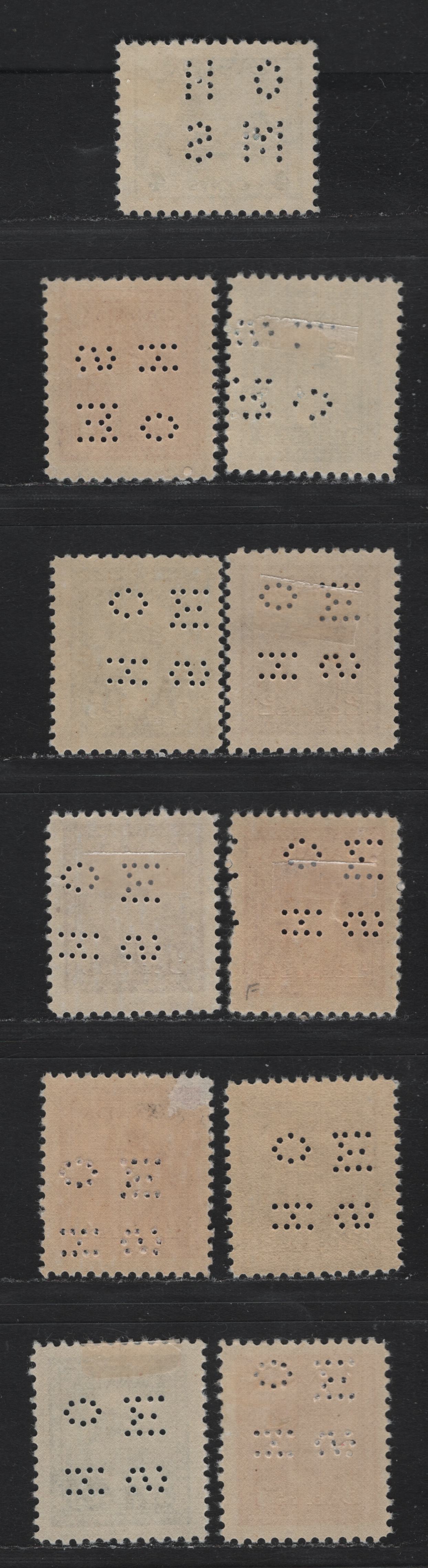 Lot 273 Canada SC#O9-250/O10-255 2c-5c, 1942-1949 War Effort Issue, 11 Fine & VFOG Singles 4-Hole OHMS Perfins From Positions 1,2 & 4, Original & Revised (2c, 3c, 4c, 5c) Dies, Different Shades or Papers on the 4c Original Die & 5c Revised Die