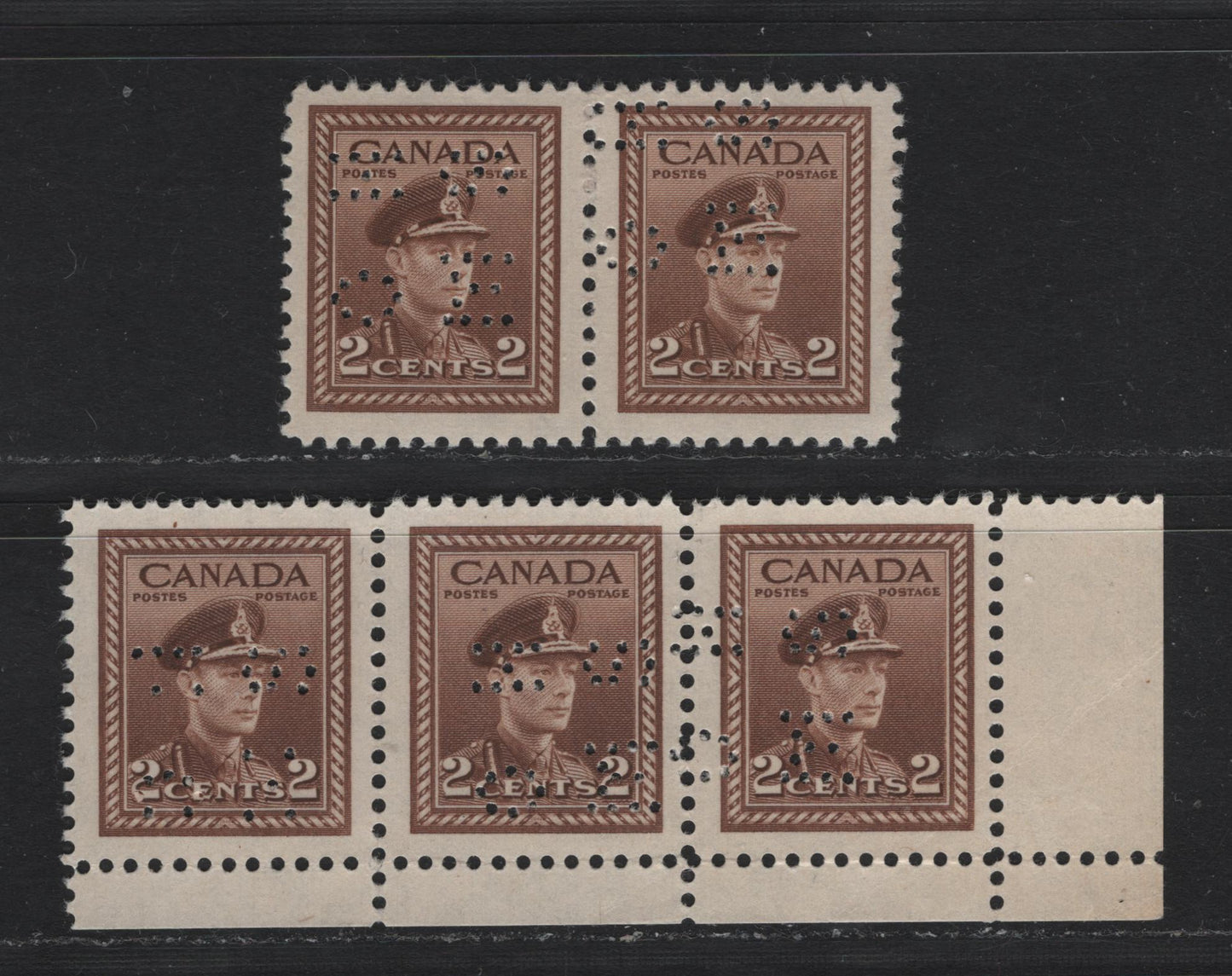 Lot 274 Canada SC#O9-250, O10-250 2c Brown, A VFNH LR Strip of 3, & Pair 4-Hole OHMS Perfins From Position 2, A Strip of 3 Of Original Die Showing a Jump In the Perfin, And A Pair Of The Revised Die Showing A Similar Jump
