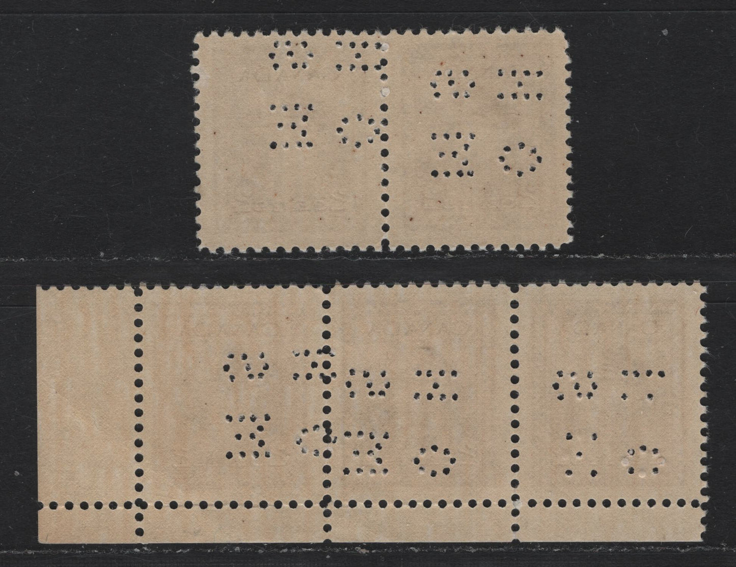 Lot 274 Canada SC#O9-250, O10-250 2c Brown, A VFNH LR Strip of 3, & Pair 4-Hole OHMS Perfins From Position 2, A Strip of 3 Of Original Die Showing a Jump In the Perfin, And A Pair Of The Revised Die Showing A Similar Jump