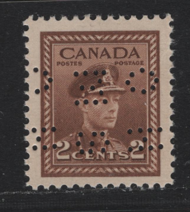 Lot 275 Canada SC#O10-250var 2c Brown King George VI, 1942-1949 War Effort Issue, A VFNH Single 4-Hole OHMS Perfin From Position 4, Revised Die, Showing Narrow Spacing