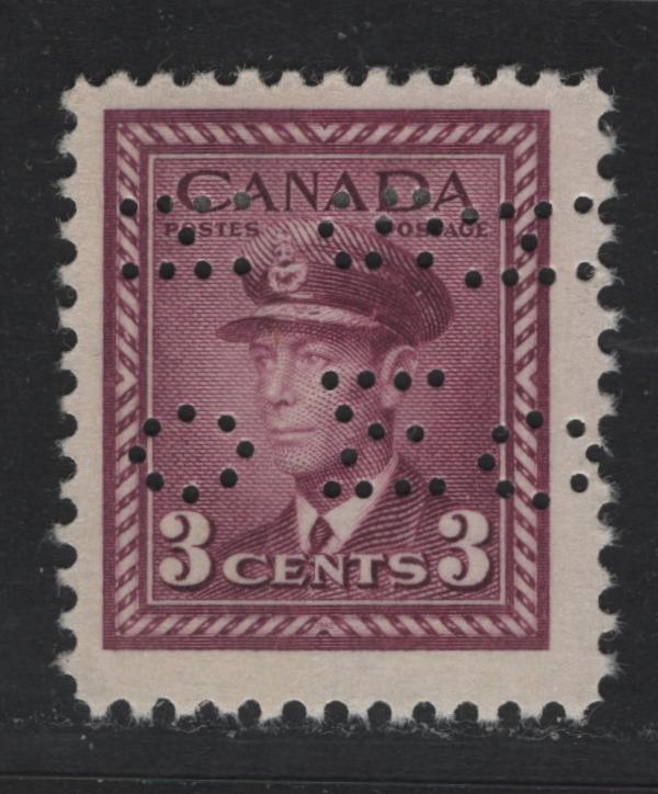 Lot 277 Canada SC#O9-252var 3c Rose Purple King George VI, 1942-1949 War Effort Issue, A Fine OG Single 4-Hole OHMS Perfin From Position 2, Original Die, Showing Narrow Spacing Between Initials