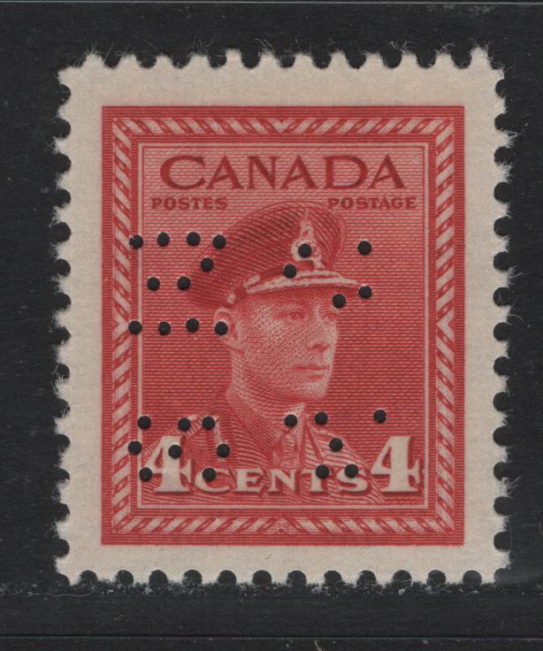 Lot 278 Canada SC#O9-254var 4c Carmine Red King George VI, 1942-1949 War Effort Issue, A VFNH Single 4-Hole OHMS Perfin From Position 4, Revised Die, Showing Missing Holes Due to Broken Pins