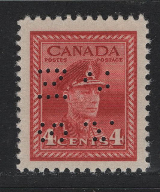 Lot 278 Canada SC#O9-254var 4c Carmine Red King George VI, 1942-1949 War Effort Issue, A VFNH Single 4-Hole OHMS Perfin From Position 4, Revised Die, Showing Missing Holes Due to Broken Pins
