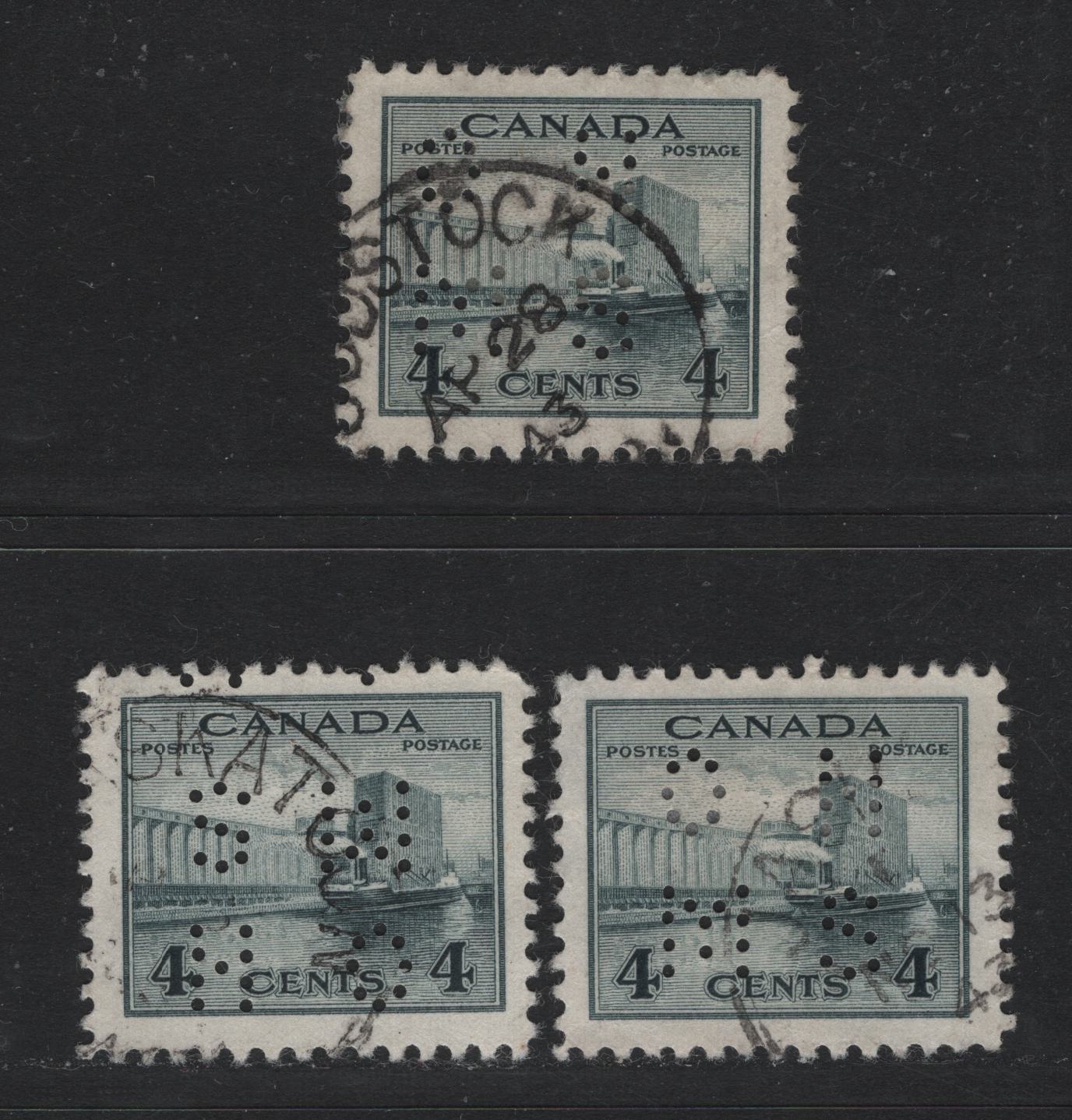 Lot 279 Canada SC#O9-253 4c Slate Grain Elevators, 1942-1949 War Effort Issue, 3 VF Used Singles 4-Hole OHMS Perfin From Positions 1 & 3 Original Die, 2 Different Shades Of Slate