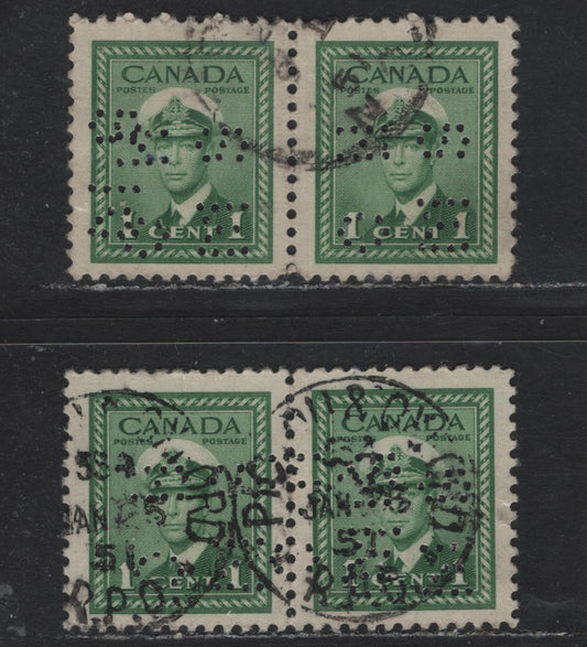 Lot 280 Canada SC#O9-249var 1c Green King George VI, 1942-1949 War Effort Issue, 2 Fine & VF Used Pairs 4-Hole OHMS Perfins From Position 2, Revised Die, 2 Different Pairs Showing Double Strike Of The Perfin