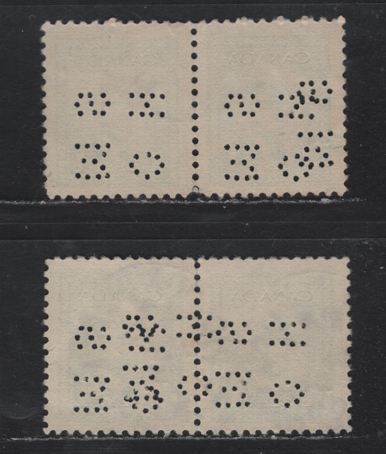 Lot 280 Canada SC#O9-249var 1c Green King George VI, 1942-1949 War Effort Issue, 2 Fine & VF Used Pairs 4-Hole OHMS Perfins From Position 2, Revised Die, 2 Different Pairs Showing Double Strike Of The Perfin