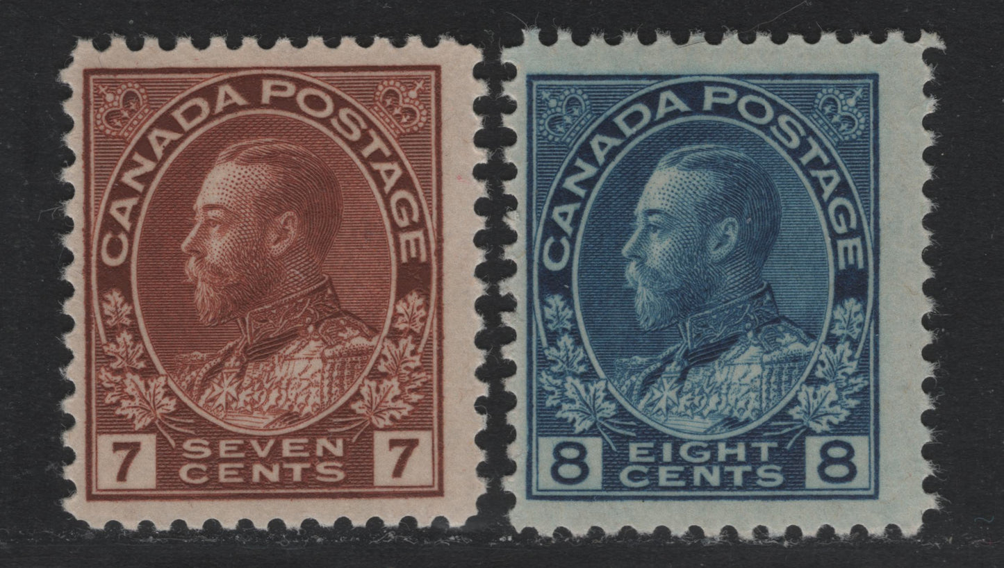 Lot 28 Canada #114-115 7c - 8c Red Brown - Bright Blue , 1911-1925 KGV Admiral Issue, 2 FOG Singles, ABN-M Papers, Perf 11.9