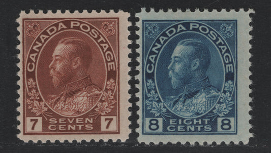 Lot 28 Canada #114-115 7c - 8c Red Brown - Bright Blue , 1911-1925 KGV Admiral Issue, 2 FOG Singles, ABN-M Papers, Perf 11.9