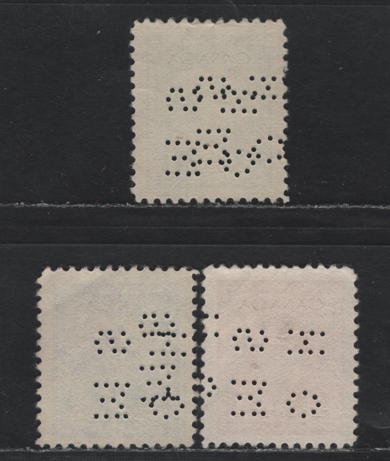 Lot 281 Canada SC#O10-249, O10-254, O10-255 1c-5c Green-Blue King George VI, 1942-1949 War Effort Issue, 3 VF Used Singles 4-Hole OHMS Perfins From Position 2, Revised Die, 2 Different Double Strikes & 4c Showing Narrow Spacing Between Strikes