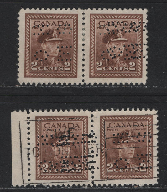 Lot 282 Canada SC#O10-250var 2c Brown King George VI, 1942-1949 War Effort Issue, 2 Fine & VF Used Pairs 4-Hole OHMS Perfins From Position 2, Revised Die, 2 Pairs One Showing Double Strike & One Showing What Appears to Be a Quadruple Strike