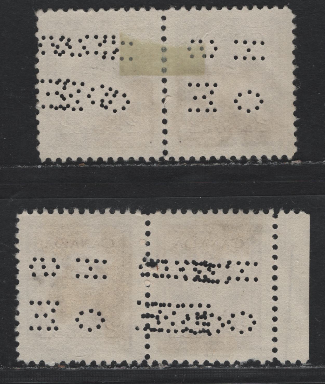 Lot 282 Canada SC#O10-250var 2c Brown King George VI, 1942-1949 War Effort Issue, 2 Fine & VF Used Pairs 4-Hole OHMS Perfins From Position 2, Revised Die, 2 Pairs One Showing Double Strike & One Showing What Appears to Be a Quadruple Strike