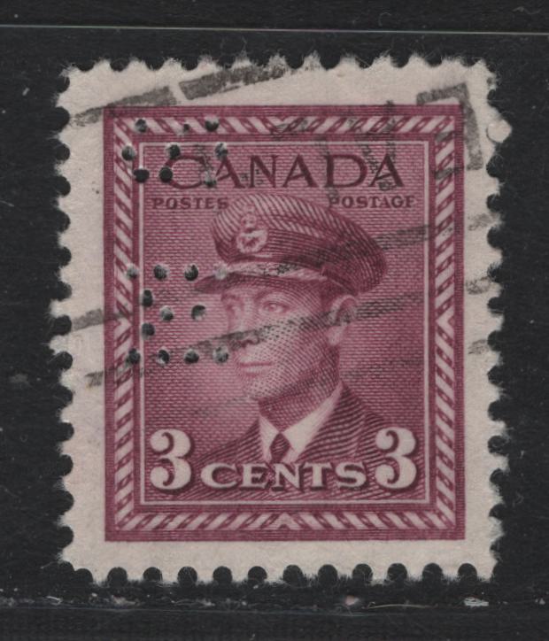 Lot 283 Canada SC#O9-252var 3c Rose Purple King George VI, 1942-1949 War Effort Issue, A VF Used Single 4-Hole OHMS Perfin From Position 2, Original Die, Showing Major Shift So That Only "MS" Is Visible At The Left Of The Stamp