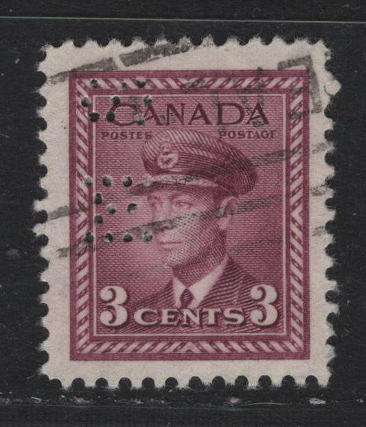 Lot 283 Canada SC#O9-252var 3c Rose Purple King George VI, 1942-1949 War Effort Issue, A VF Used Single 4-Hole OHMS Perfin From Position 2, Original Die, Showing Major Shift So That Only "MS" Is Visible At The Left Of The Stamp
