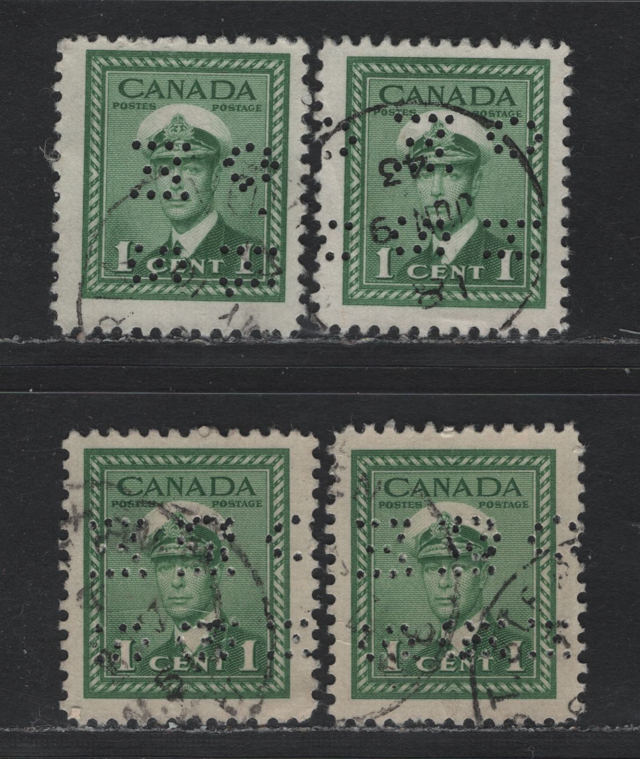 Lot 284 Canada SC#O9-249var 1c Green King George VI, 1942-1949 War Effort Issue, 4 Fine & VF Used Singles 4-Hole OHMS Perfins From Position 4, Original Die, With Two Different Double Strikes, One With Additional Errant Holes & One Showing Narrow Spacing