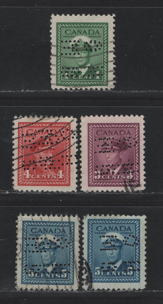 Lot 285 Canada SC#O9-249/O9-255var 1c-5c Green-Blue King George VI, 1942-1949 War Effort Issue, 5 Fine & VF Used Singles 4-Hole OHMS Perfins From Position 4, Revised Die, All With Double Strikes