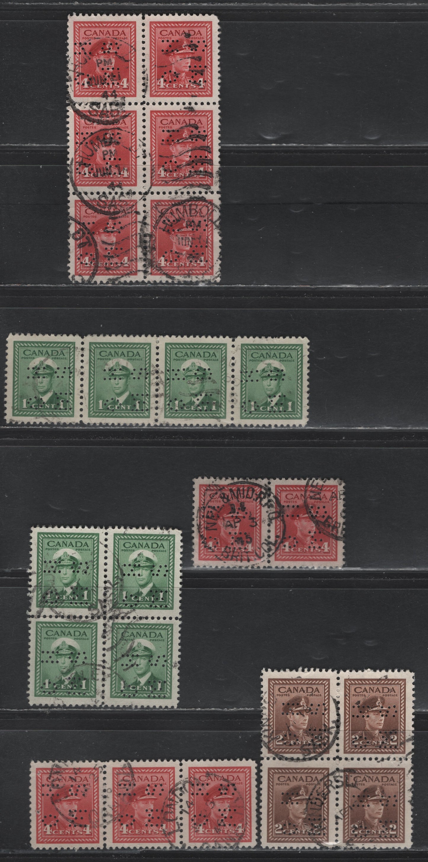 Lot 286 Canada SC#O9-249, O9-250, O9-254, O10-249 1c-4c Green-Carmine Red King George VI, 1942-1949 War Effort Issue, A Fine & VF Used Block of 6, 2 Blocks of 4, Pair & Strips of 3 &4 4-Hole OHMS Perfins From Position 2, Original Die